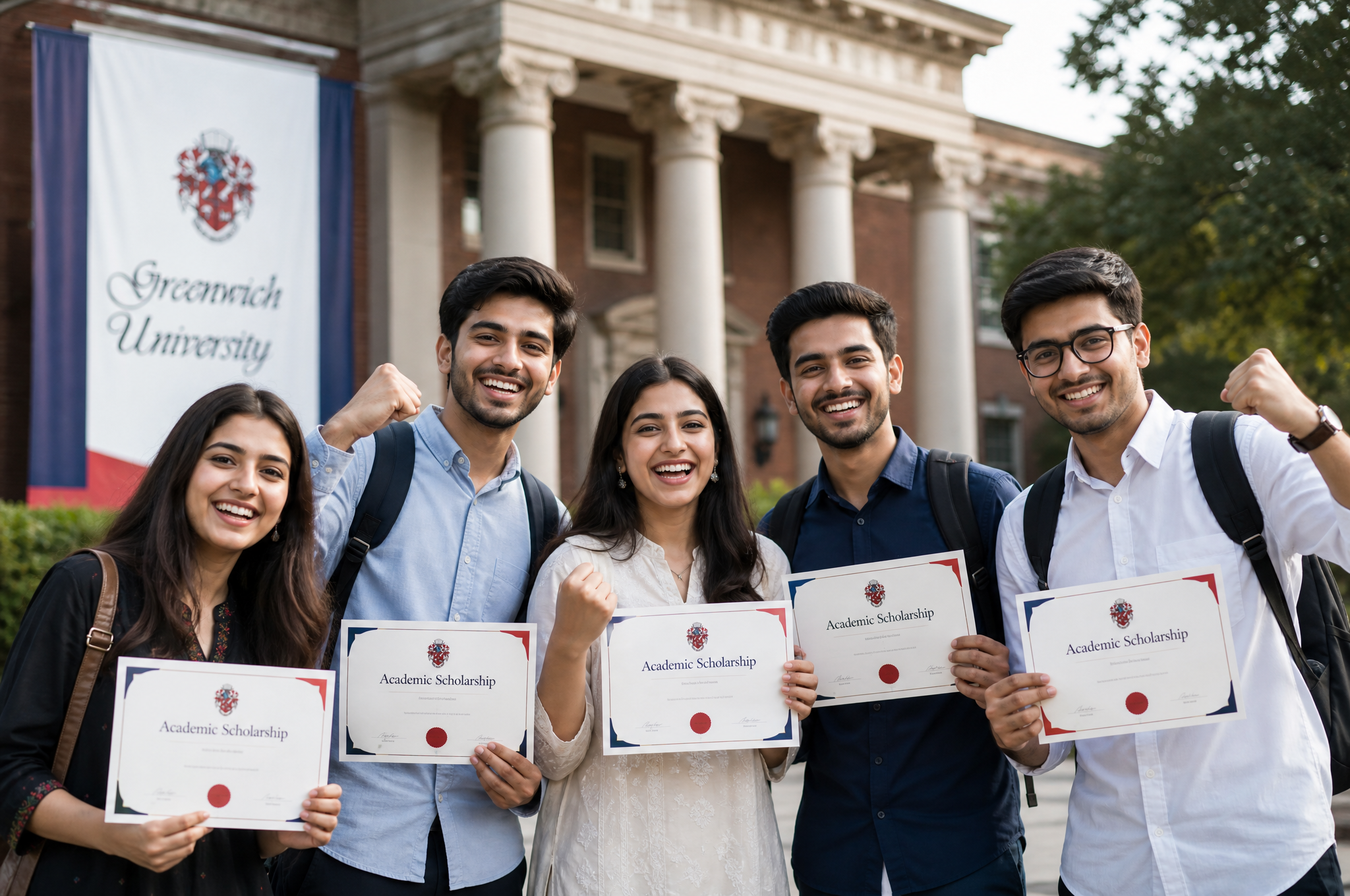 Students celebrating a scholarship award at Greenwich University, Karachi
