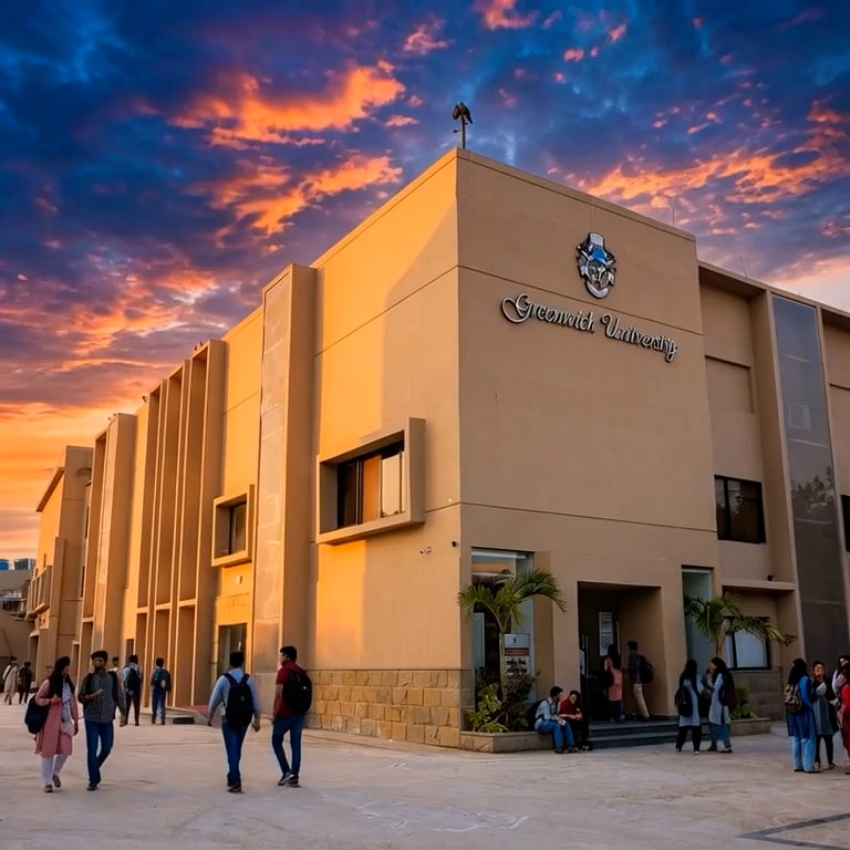 Greenwich University campus building at sunset, DHA Karachi